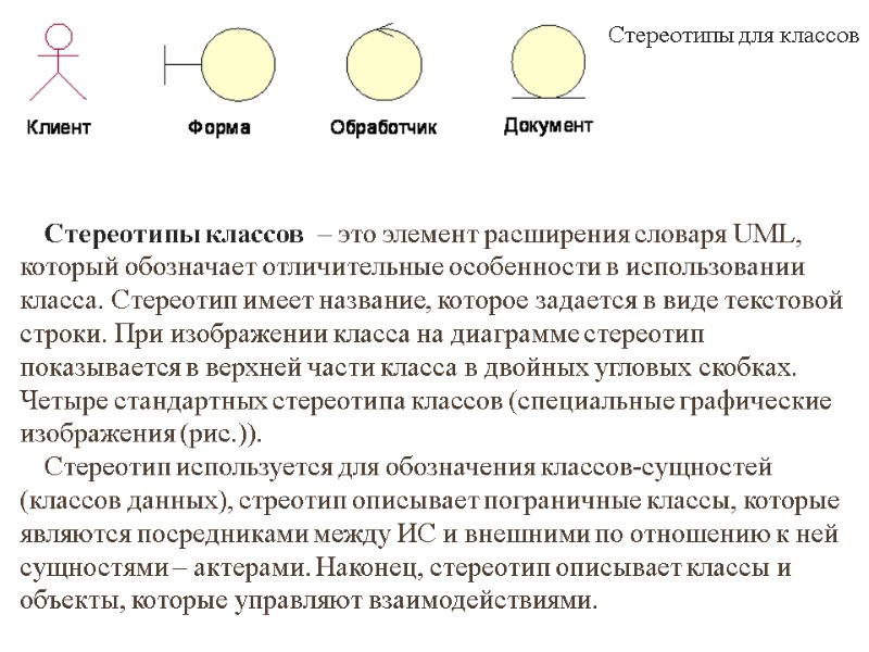 Стереотипы классов  – это элемент расширения словаря UML, который обозначает отличительные особенности в